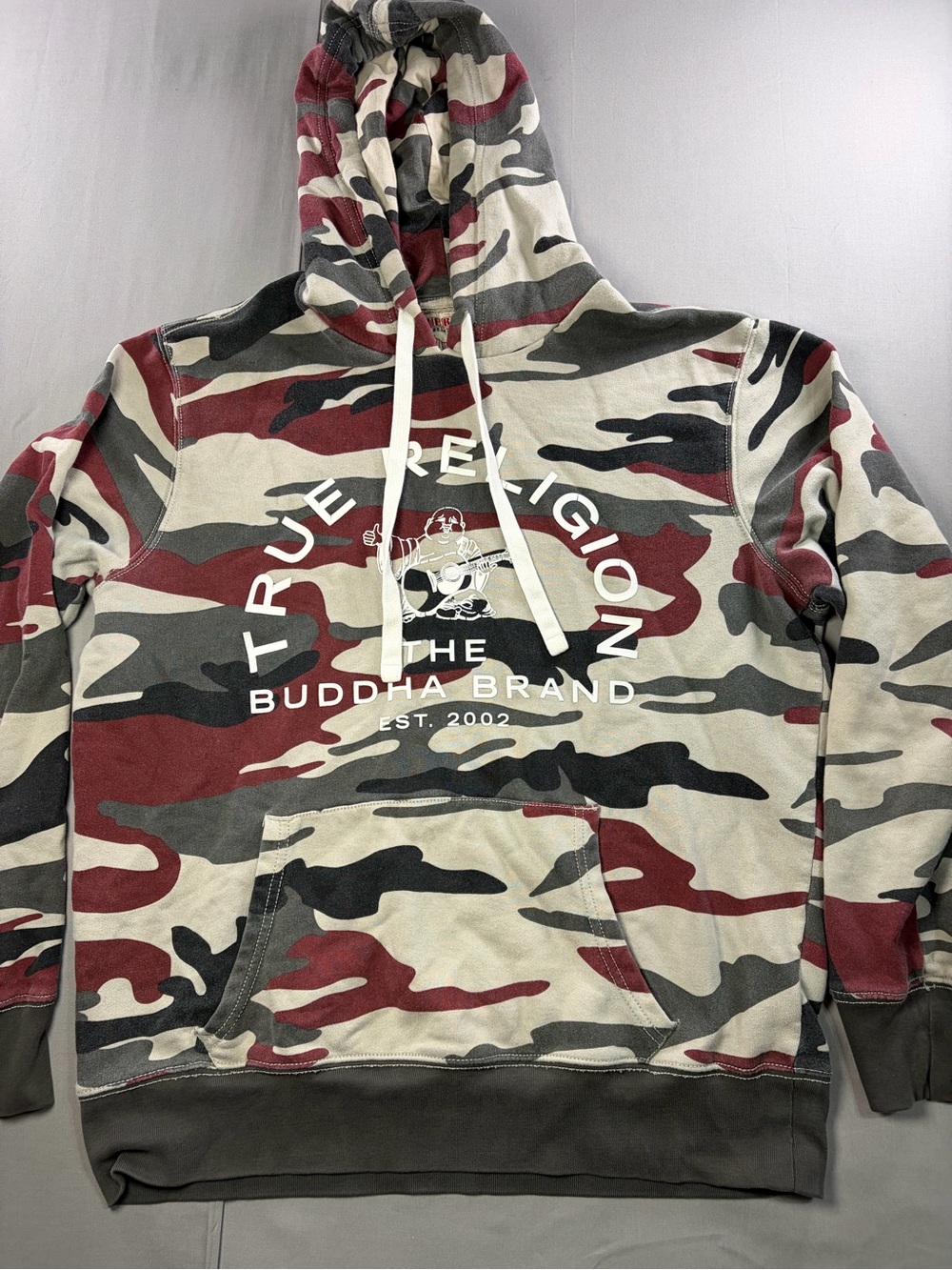 True Religion Camo Pullover Hoodie in Olive, Burgundy & Black